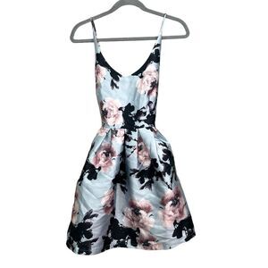 Comme USA Womens Floral Dress Spaghetti Cross Straps Pleated Blue Pink Sz L*